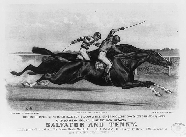 1890s illustration of a New York horse race between Salvator and Tenny, depicting the two horses and jockeys racing furiously