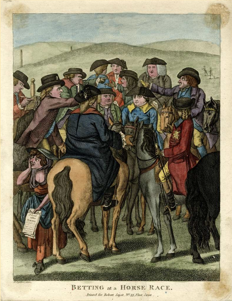 Etching of bettors placing wagers in the 18th century; past posting was more common prior to modern TV and radio.